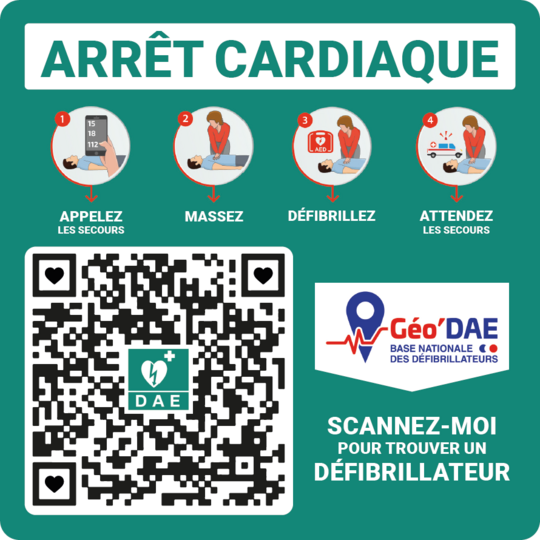 Arrêt cardiaque: 1-Appelez les secours, 2-Massez, 3-Défibrillez, 4-Attendez les secours
QRcode pour afficher la cartographie